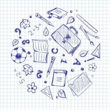 okul öğeleri bir kare kağıt üzerinde