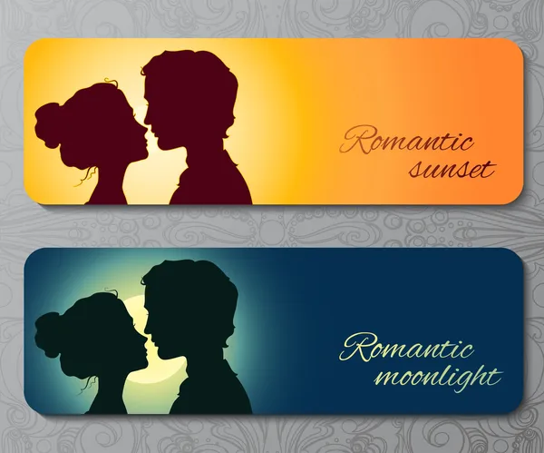 Banners com silhuetas de casal beijando — Vetor de Stock