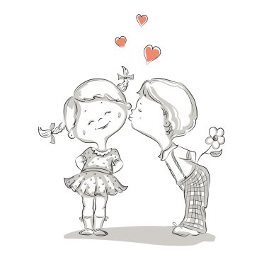 Hand drawn Illustration of kissing boy and girl clipart
