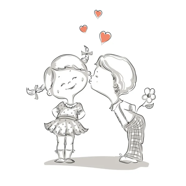 手绘制的插图的男孩和女孩接吻 — 图库矢量图片