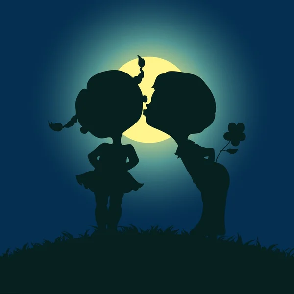 Silhouettes clair de lune de baiser garçon et fille — Image vectorielle