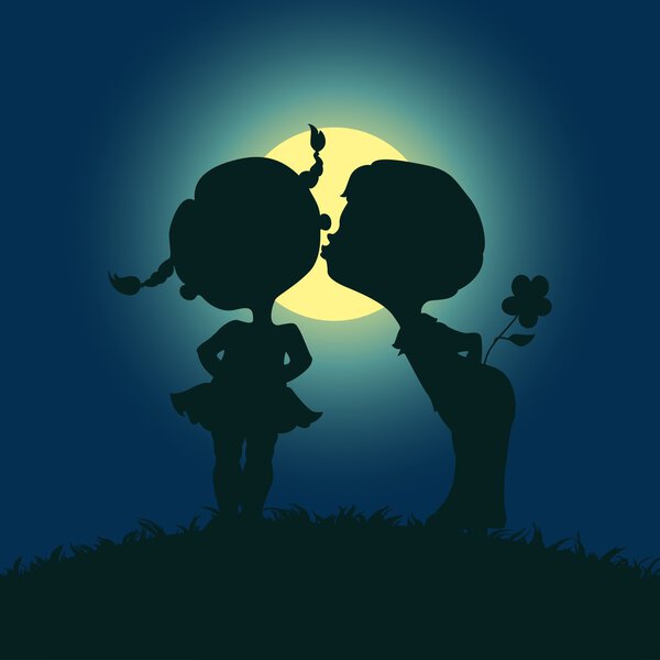 Moonlight silhouettes of kissing boy and girl
