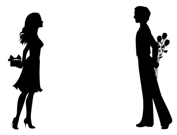 Silhouettes d'homme et de femme avec des cadeaux — Image vectorielle