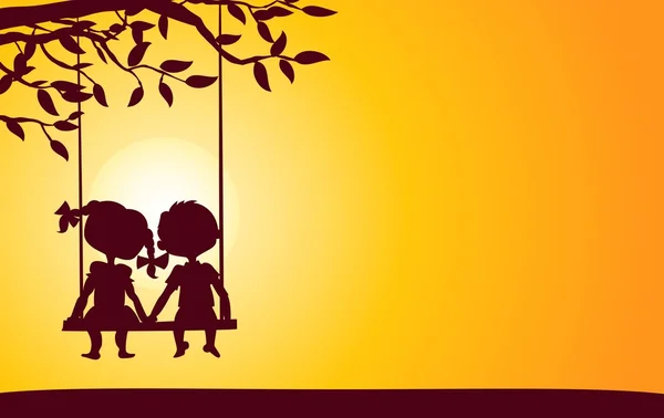 男孩和女孩的日落 silhouettes — 图库矢量图片