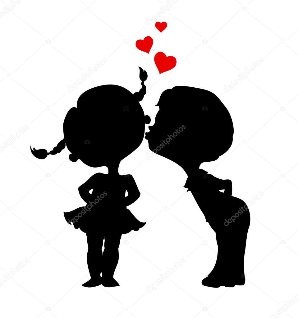 Silhouettes of kissing boy and girl