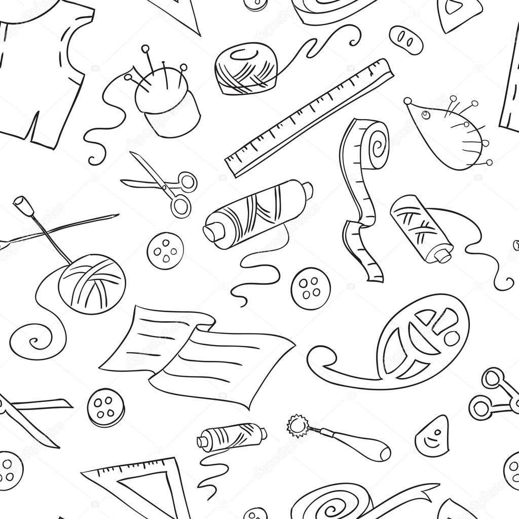 Seamless background with sketches of sewing tools