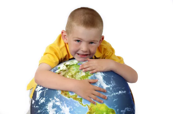 Boy hugging the earth — Stock Photo, Image