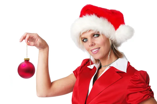 Santa Girl holding ornament — Stock Photo, Image