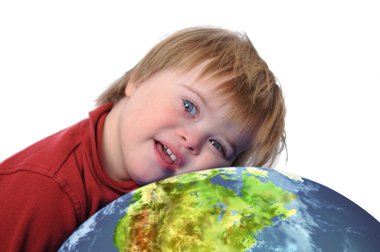 Boy with down syndrome and earth clipart