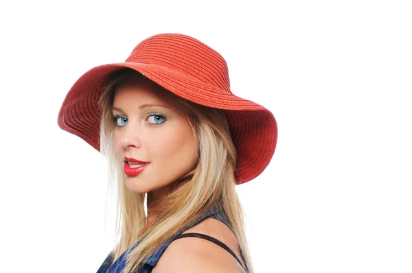 Linda menina adolescente sagacidade chapéu vermelho — Fotografia de Stock