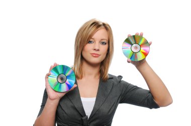 Businesswoman holding CDs clipart