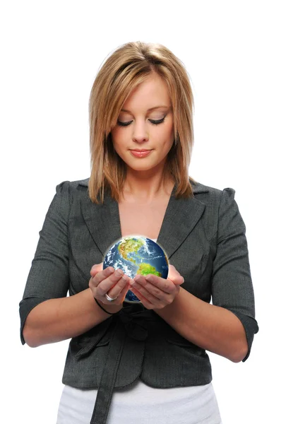 Young girl holding the earth — Stock Photo, Image