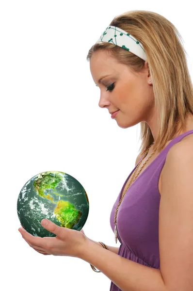 Young woman holding the green earth — Stock Photo, Image