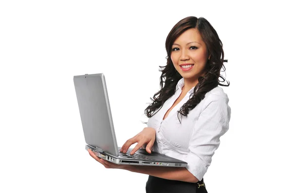 Beautiful oriental young businesswoman with laptop — Stock Photo, Image