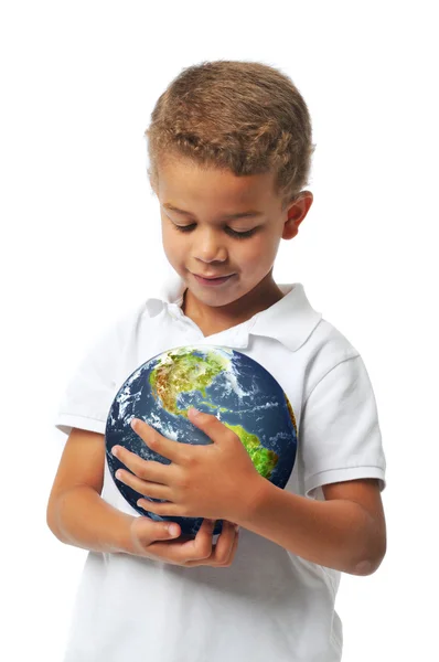 Niño con el planeta tierra — Stockfoto