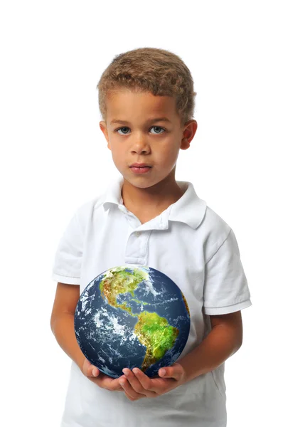 Boy holding the planet earth — Stock Photo, Image