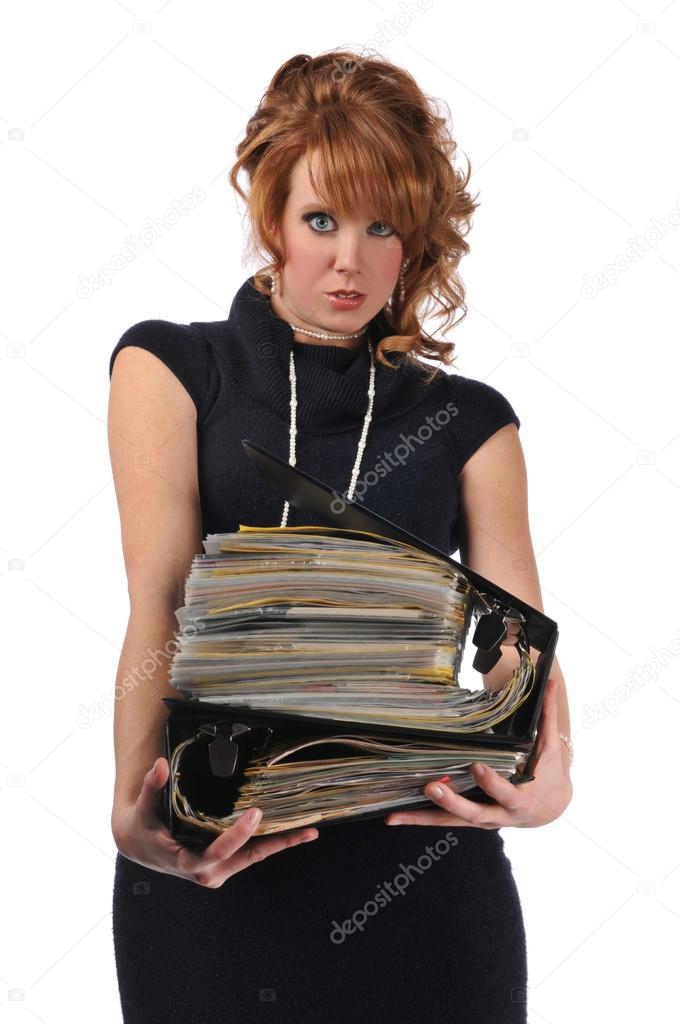 Office woman with a pile of files