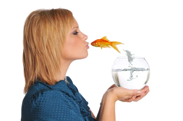 Gold Fish Jumping and Kissing girl — Stock Photo, Image