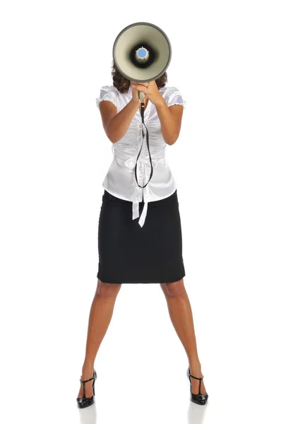 Jonge zakenvrouw met megafoon — Stockfoto