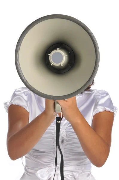 Jeune femme d'affaires avec mégaphone — Photo