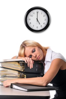 Woman sleeping over a pile of files clipart