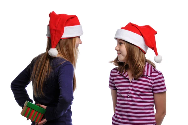 Dos chicas compartiendo un regalo de Navidad — Foto de Stock