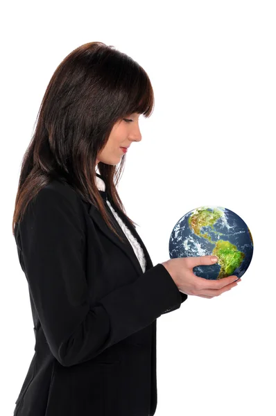 Young businesswoman holding the earth — Stock Photo, Image