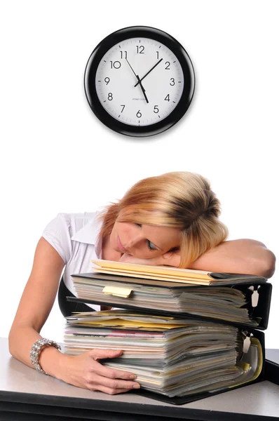 Woman sleeping over a pile of files — Stock Photo, Image