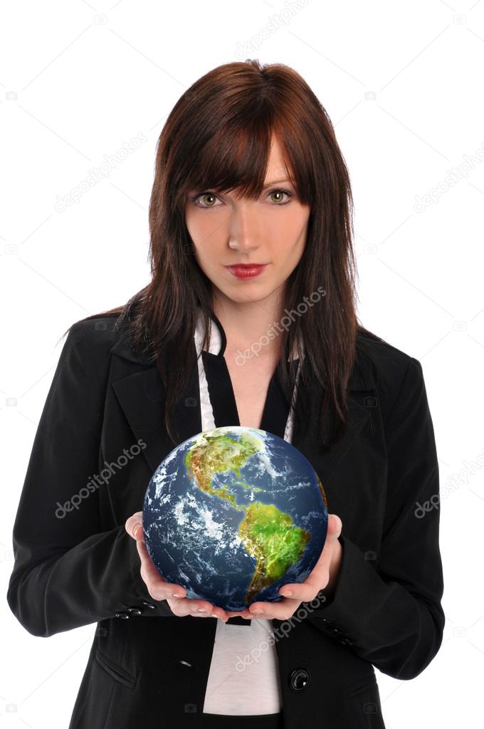 Young businesswoman holding the earth