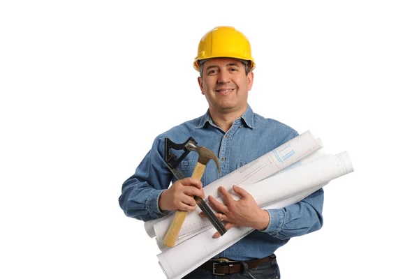 Man holding plans and tools — Stock Photo, Image