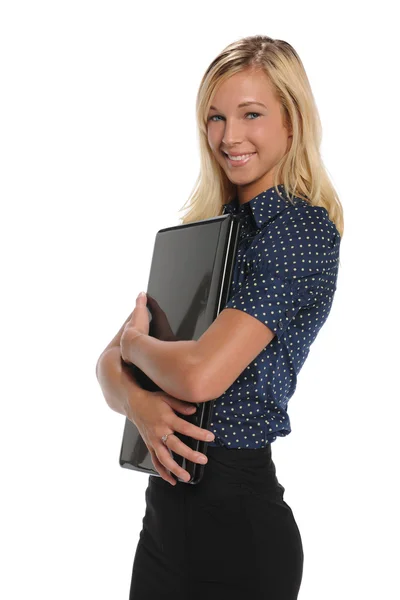 Junge Geschäftsfrau in der Hand eines Laptops — Stockfoto