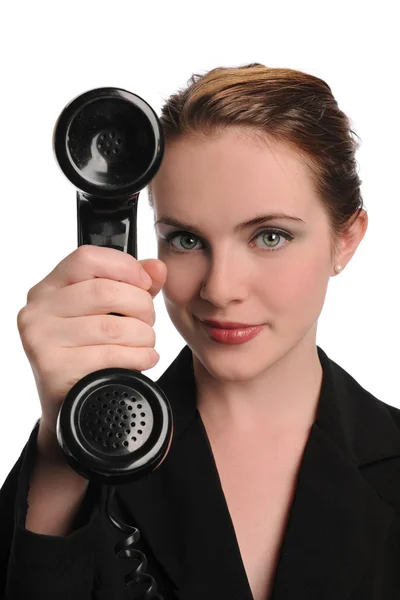 Jeune femme d'affaires avec téléphone noir vintage — Photo