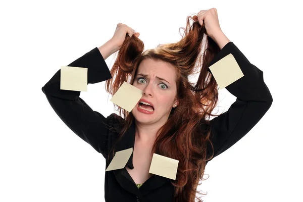 Affärskvinna med självhäftande anteckningar uttrycker stress — Stockfoto