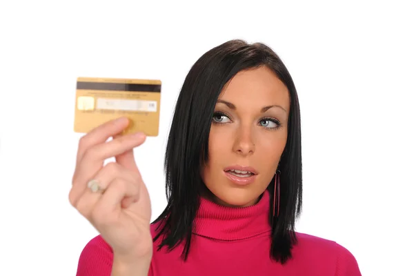 Mujer joven con una tarjeta de crédito — Foto de Stock