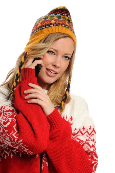 Young Woman wearing winter attire on the cell phone — Stock Photo, Image