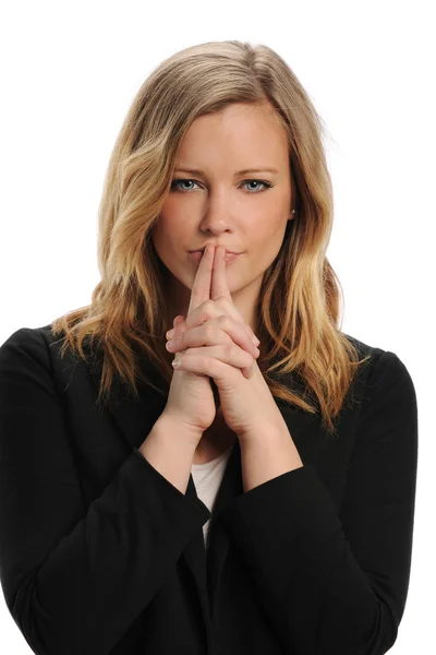 Young businesswoman with hands on her mouth — Stok fotoğraf