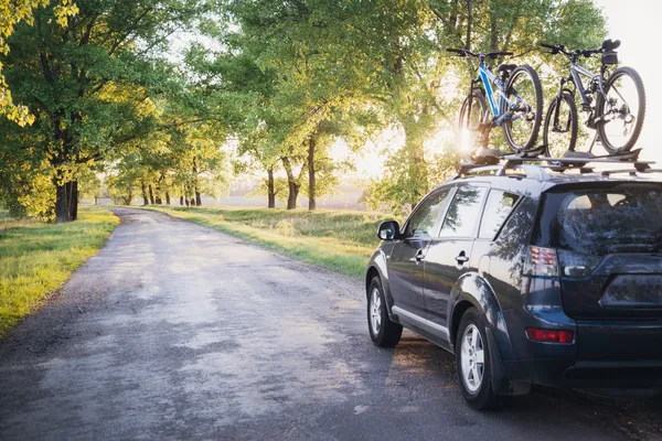 Carro com bicicletas na estrada da floresta — Fotografia de Stock