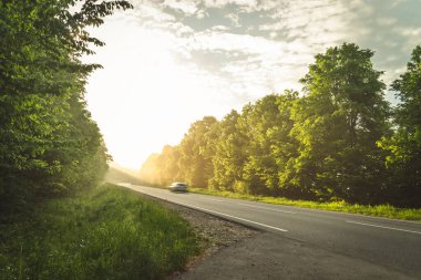 Karpatlar 'ın dağlarındaki boş yolda araba yolları.