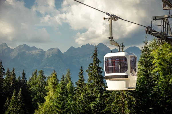 gondola ski lift in mountain ski resort, green forest. Alps. Italy