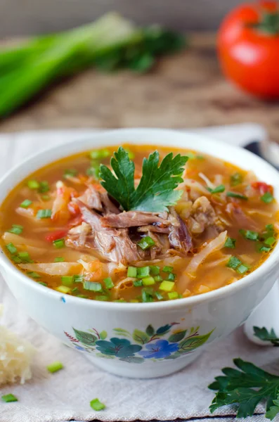 Суп с помидорами и мясом — стоковое фото