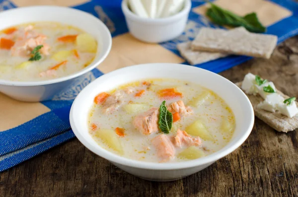 Soup with cheese and salmon — Stock Photo, Image