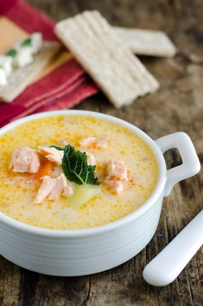 Käsesuppe mit Gemüse und Lachs — Stockfoto