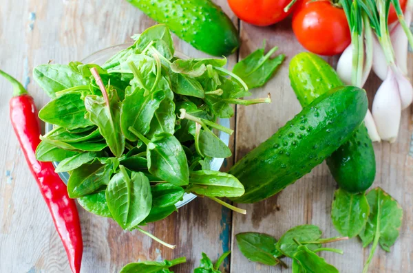 Verse spinazie, komkommers en tomaten — Stockfoto