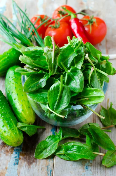 Fresh spinach , cucumbers and tomatoes — Stock Photo, Image