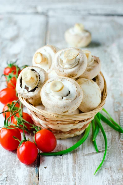 Cogumelos de campo frescos e tomates — Fotografia de Stock