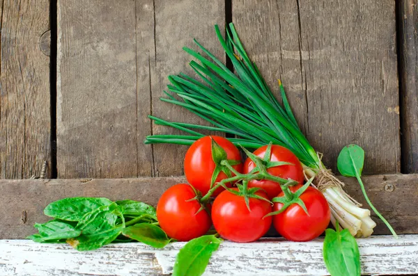 Świeże pomidory, szpinak i zielona cebula — Zdjęcie stockowe