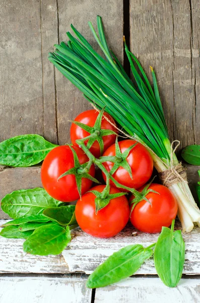 Tomates frescos, espinacas y cebolla verde — Foto de Stock