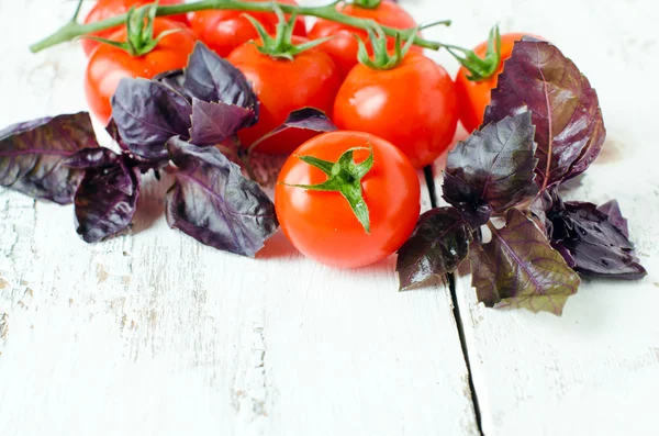 Kiraz domates ve fesleğen — Stok fotoğraf