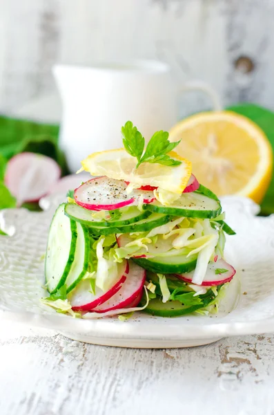 Fresh salad from cucumbers, radish and cabbage with lemon — Stock Photo, Image