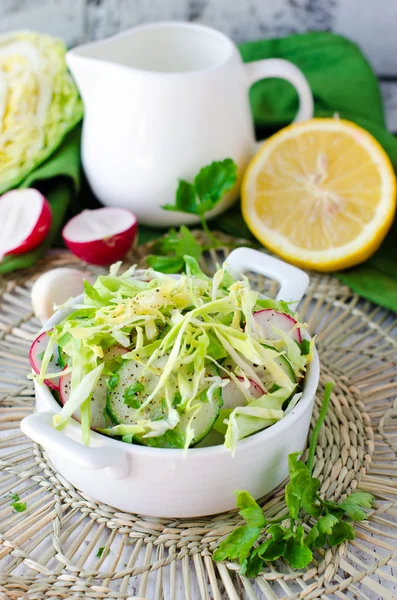Салат из свежих огурцов, редиса и капусты — стоковое фото